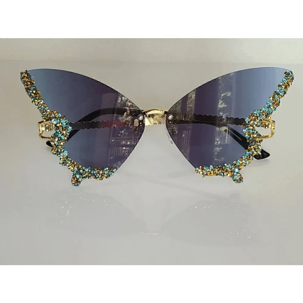 🦋✨ Rhinestone Diamond Butterfly Rimless Y2K Shades Sunglasses NEW